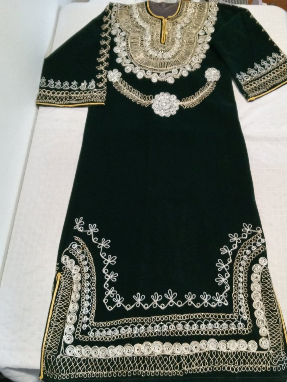 Handmade green velvet tunic in a traditional style, gold embroidery & beaded
